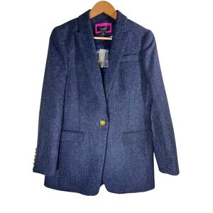 J Crew Women Blue Herringbone Tweed Blazer Jacket Gold Button Size 6